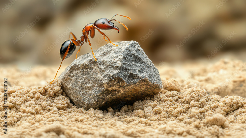 ant pushing small stone up dirt mound symbolizes determination and hard ...