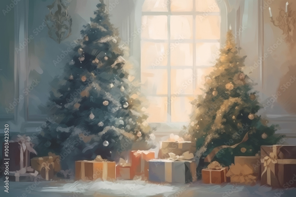 Christmas Gift Boxes Under Two Decorated Christmas Trees Christmas Gift Boxes Under Two Decorated Christmas Trees
