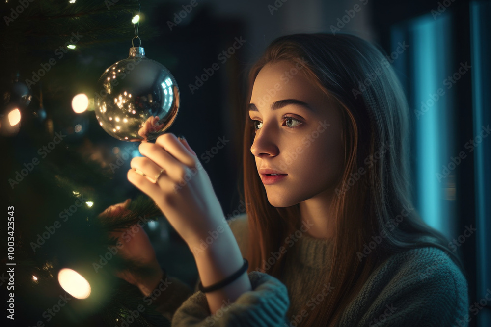 Naklejka premium Young Woman Decorating Christmas Tree with Ornament and Lights