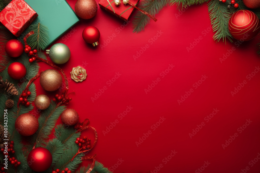 Festive Christmas Decorations on Red Background with Copy Space