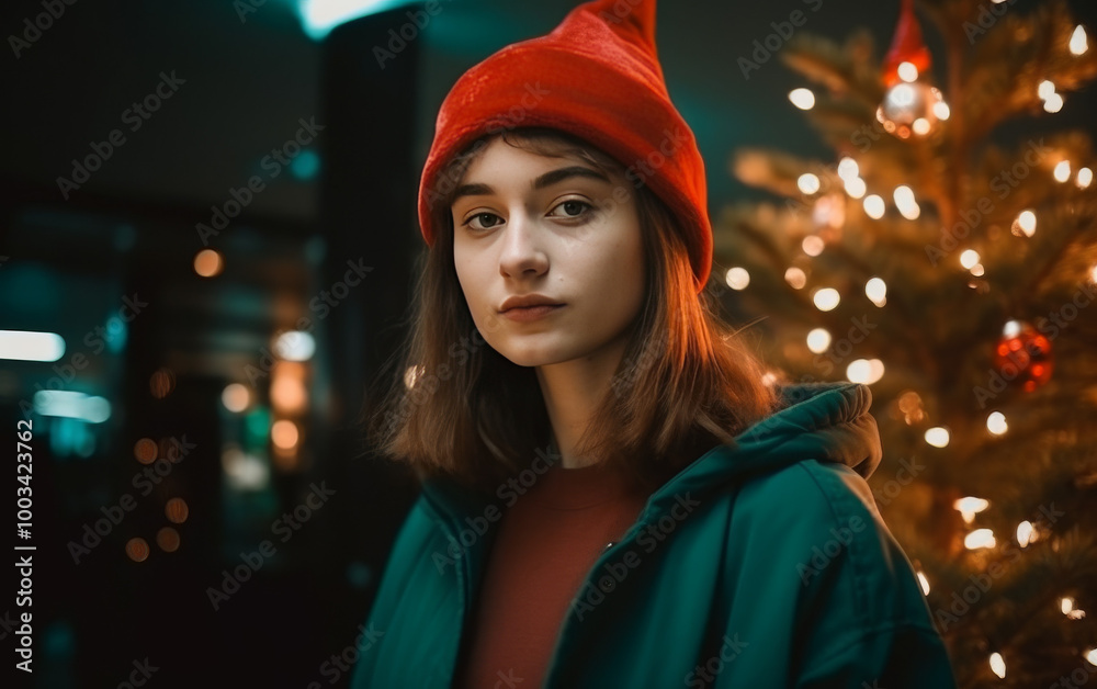Woman in Red Santa Hat Looking at Christmas Tree with Lights Woman in Red Santa Hat Looking at Christmas Tree with Lights