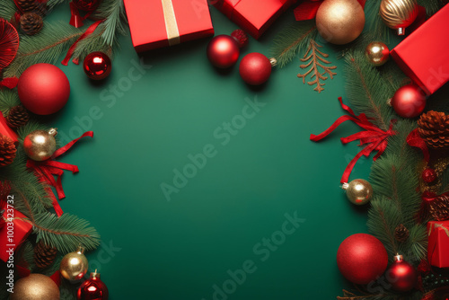 Christmas Decorations on Green Background with Copy Space