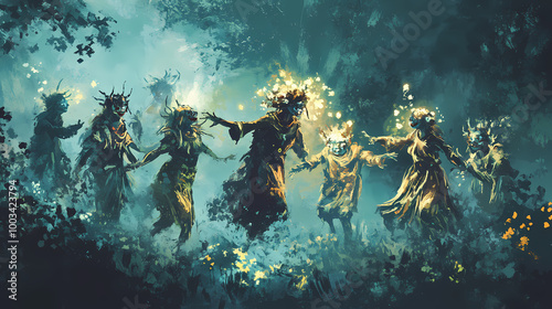 Playful trickster sprites, causing harmless pranks and laughter in the fae realm - generative ai. Fae. Illustration
