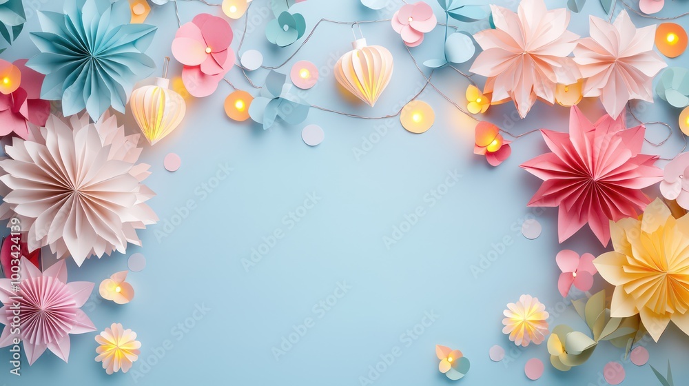 Obraz premium Illuminating Diwali Festivities: Vibrant Paper Art Lanterns, Glowing Diyas, and String Lights for Festive Party Decor