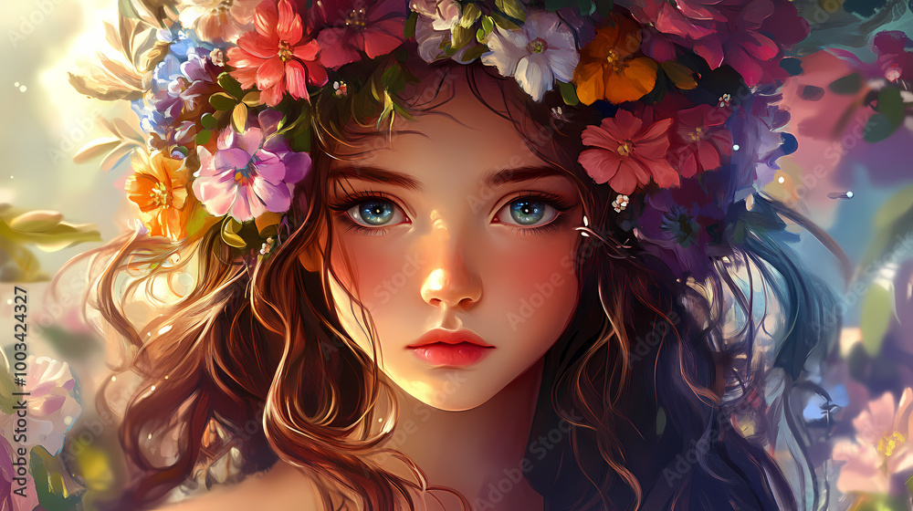 Portrait of a girl in a wreath of flowers. Fae. Illustration