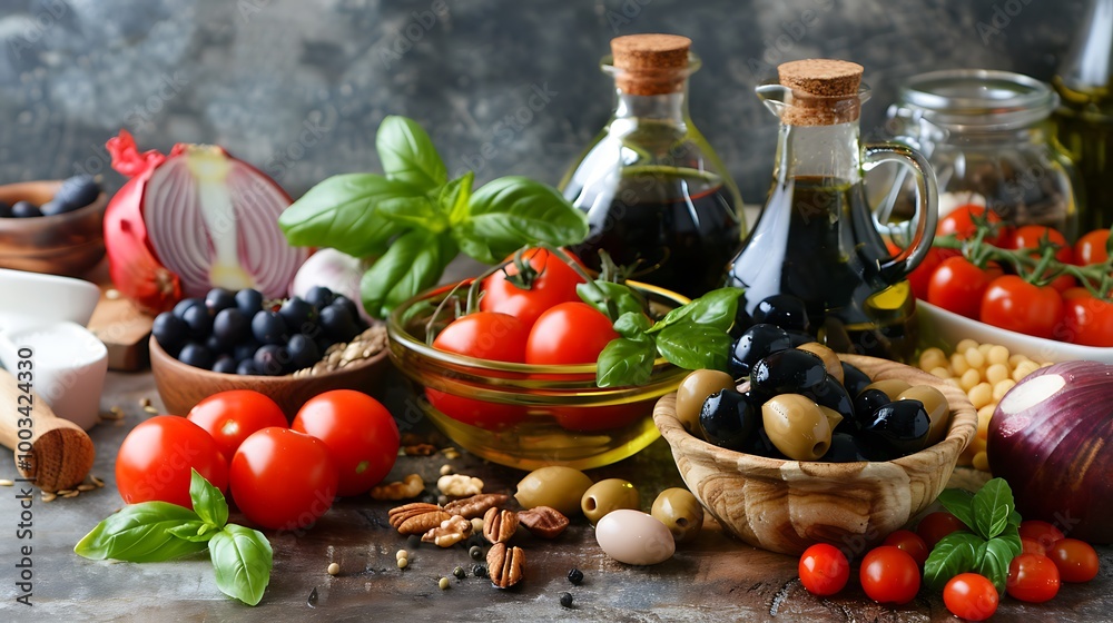 Fresh Mediterranean ingredients, including tomatoes, olives, basil, onions, nuts, and spices, showcasing the flavors and colors of this cuisine. Fresh Mediterranean ingredients, including tomatoes, olives, basil, onions, nuts, and spices, showcasing the flavors and colors of this cuisine.
