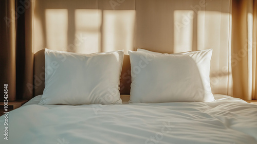 two or three plush white pillows rest on off-white bed linens, softly lit by natural morning light