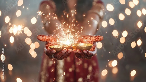 Festive Celebration with Sparklers: Close-up of Hands Sparkling with Joy during Diwali Night photo