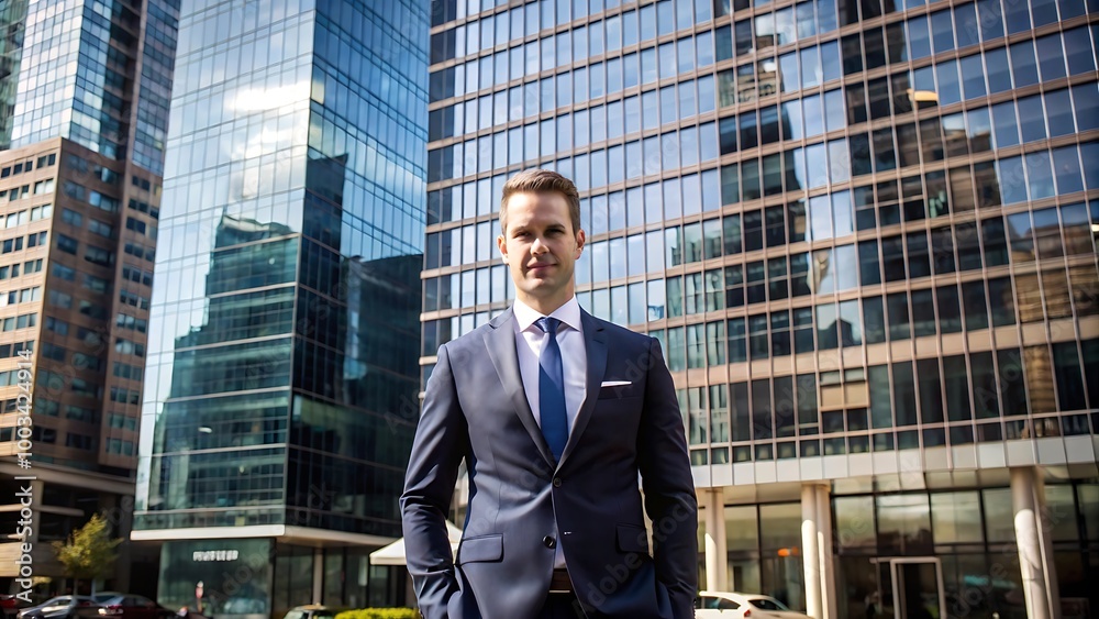 Confident Businessman in Suit Standing in Front of Modern Office Building Confident Businessman in Suit Standing in Front of Modern Office Building
