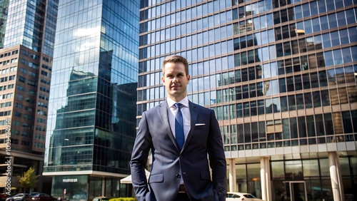 Confident Businessman in Suit Standing in Front of Modern Office Building