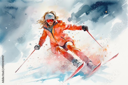 Watercolor Painting of a Woman Skiing Downhill