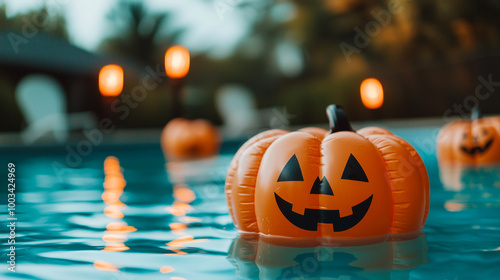 Floating Halloween pumpkin decoration in pool during twilight