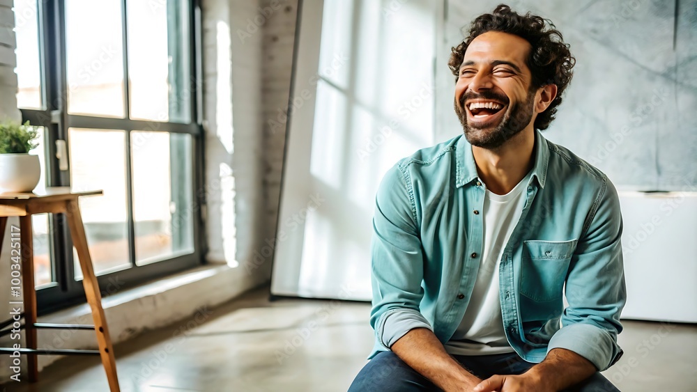 Man Laughing Joyfully In Modern Office Space Man Laughing Joyfully In Modern Office Space