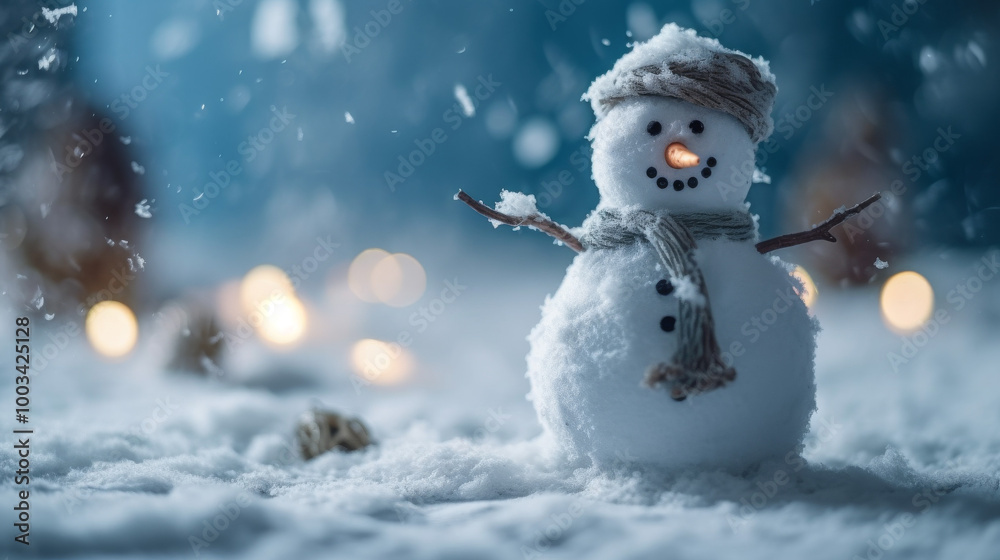 Obraz premium Snowman in Winter Wonderland with Falling Snow and Lights