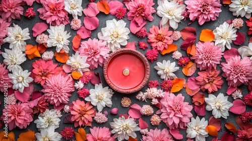 Illuminating Diwali Traditions: Intricate Pattern of Traditional Indian Oil Lamps with Flowers photo