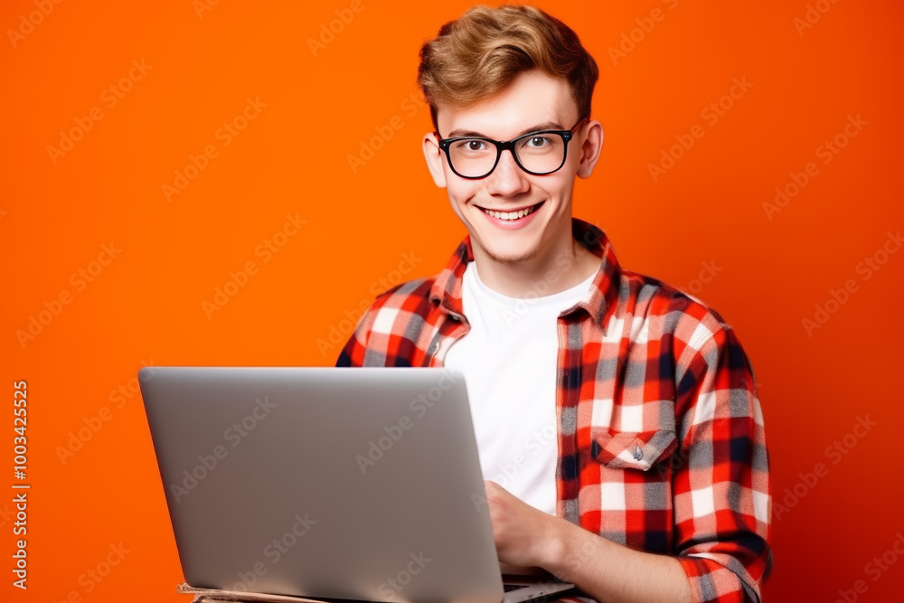 Happy young man with laptop computer on orange background Happy young man with laptop computer on orange background