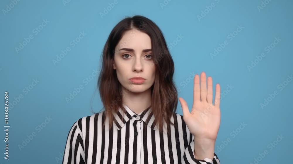 Woman Showing Stop Hand Gesture on Blue Background Woman Showing Stop Hand Gesture on Blue Background