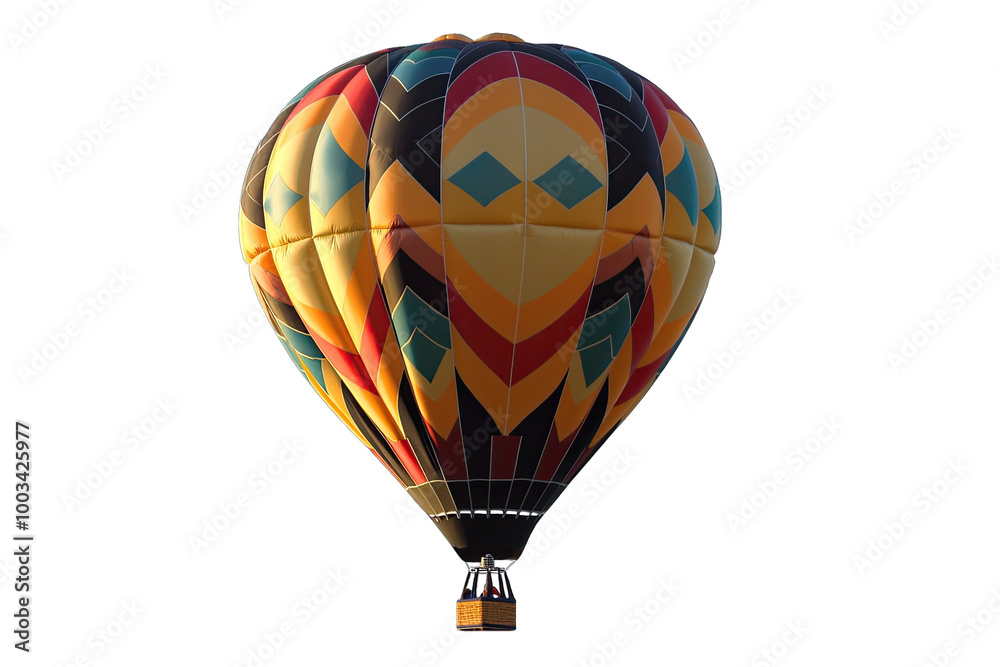Fototapeta premium A vibrant hot air balloon with striking geometric patterns floats against a clear sky, symbolizing adventure and freedom.