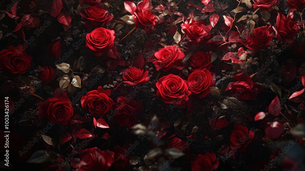 A bed of romantic red roses from above, each bloom displaying intricate details and rich textures, creating an opulent scene. Realistic, very detailed A bed of romantic red roses from above, each bloom displaying intricate details and rich textures, creating an opulent scene. Realistic, very detailed