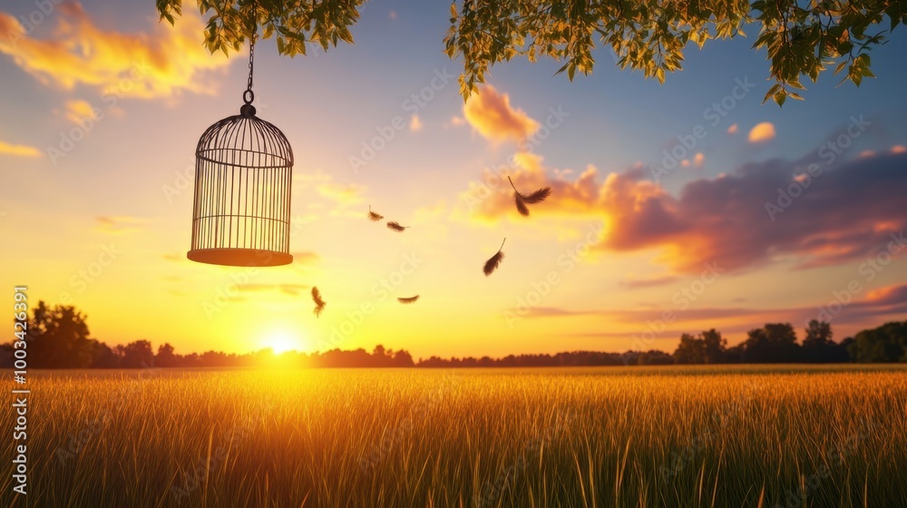 Fototapeta premium A birdcage hanging from a branch with its door open, feathers gently falling, symbolizing newfound freedom.