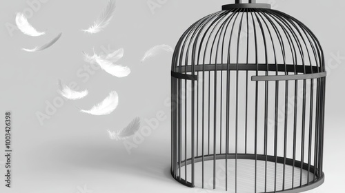 A birdcage with its door left ajar, with feathers floating away, representing the idea of breaking free.