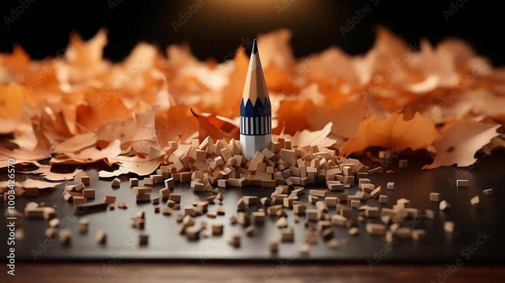 A sharpened pencil surrounded by wooden shavings and autumn leaves. A sharpened pencil surrounded by wooden shavings and autumn leaves.