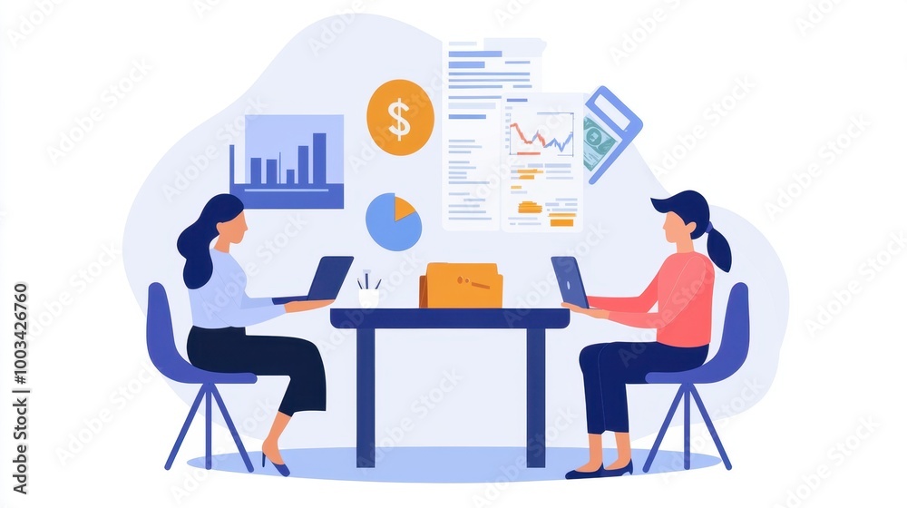 A business meeting where documents, money, and charts are being discussed, symbolizing collaboration for financial gain. A business meeting where documents, money, and charts are being discussed, symbolizing collaboration for financial gain.