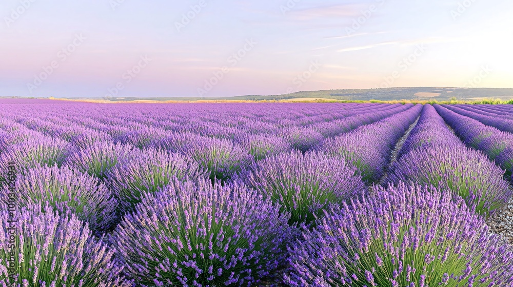 Obraz premium Vibrant purple lavender field at sunset.