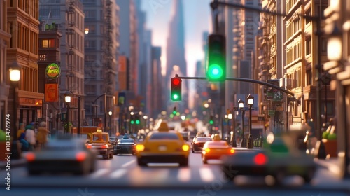 A busy city street with a traffic signal glowing green, detailed buildings and cars fill the scene.