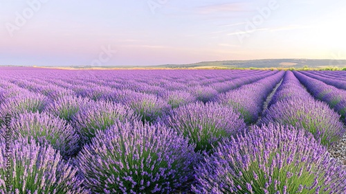 Vibrant purple lavender field at sunset.