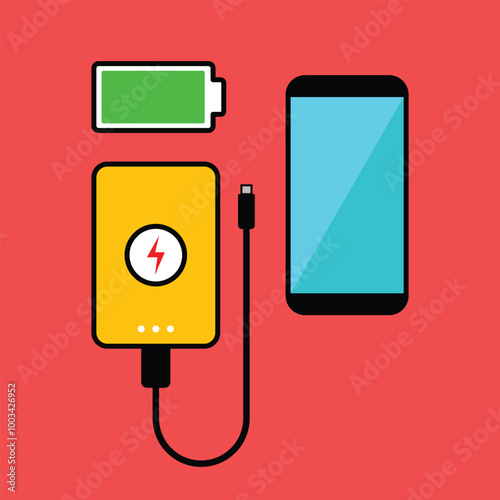 phone, power bank and battery symbol. Portable energy charger icon flat design colored