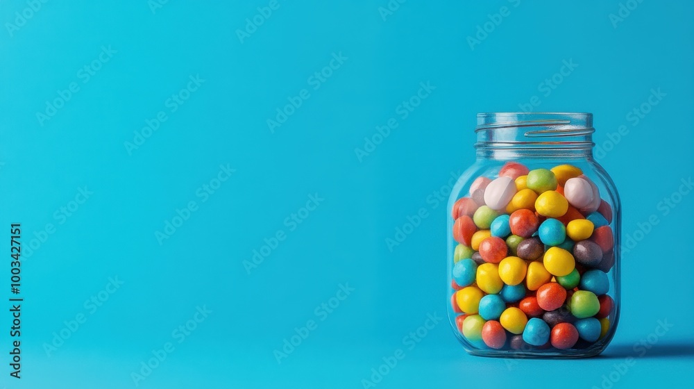A candy jar filled with assorted sweets, set against a simple backdrop with space for text or logos.