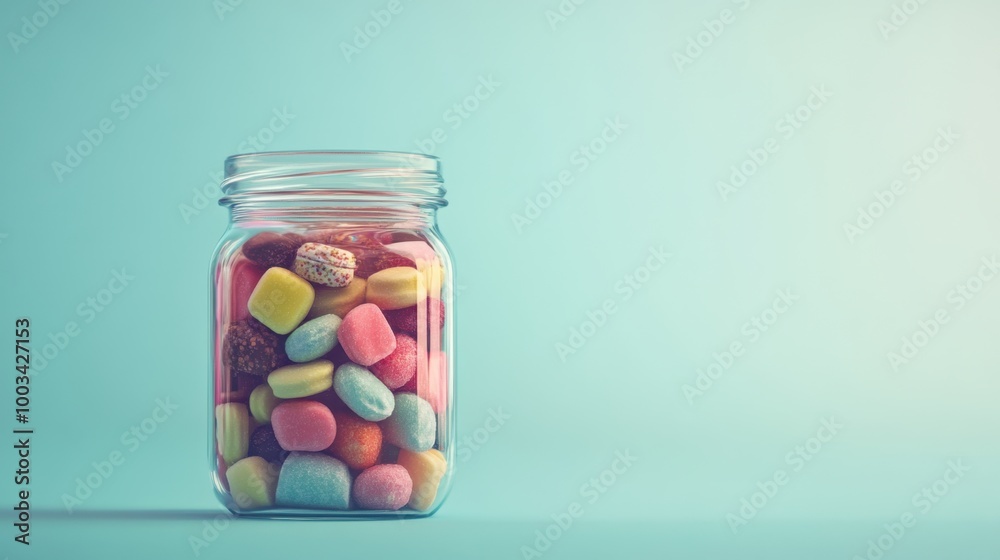 A candy jar filled with assorted sweets, set against a simple backdrop with space for text or logos. A candy jar filled with assorted sweets, set against a simple backdrop with space for text or logos.