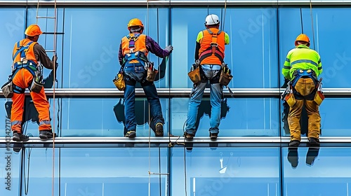 Workers cleaning windows on a high-rise building, showcasing safety and teamwork.