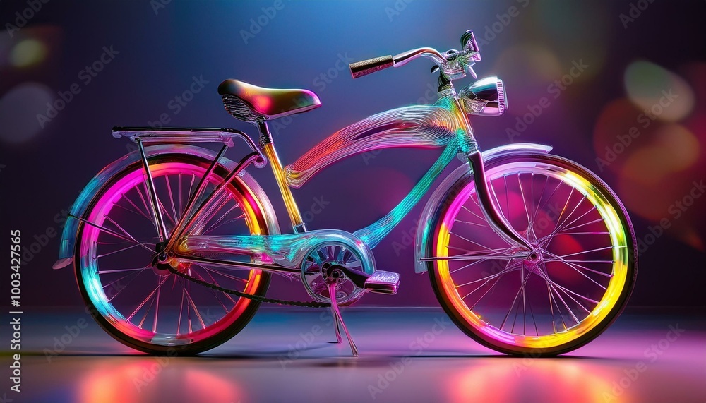 Fototapeta premium A vibrant retro bicycle glowing with neon lights, blending 1950s charm and futuristic allure. Its colorful LED wheels and radiant frame create a captivating, modern masterpiece.