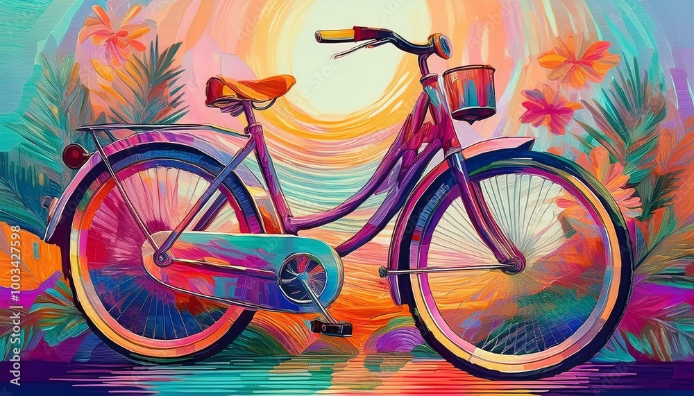 Fototapeta premium A vibrant retro bicycle glowing with neon lights, blending 1950s charm and futuristic allure. Its colorful LED wheels and radiant frame create a captivating, modern masterpiece.