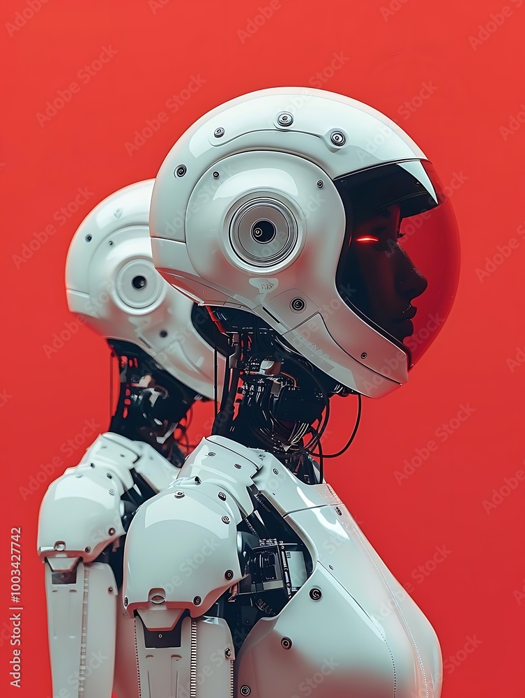 Two futuristic robots with sleek helmets against a vibrant red background. Two futuristic robots with sleek helmets against a vibrant red background.