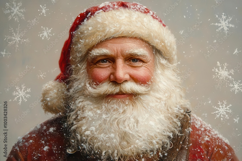 whimsical portrayal of santa claus with a fluffy white beard exuding warmth and cheer perfect for holiday themes set against a cozy backdrop of snowflakes whimsical portrayal of santa claus with a fluffy white beard exuding warmth and cheer perfect for holiday themes set against a cozy backdrop of snowflakes