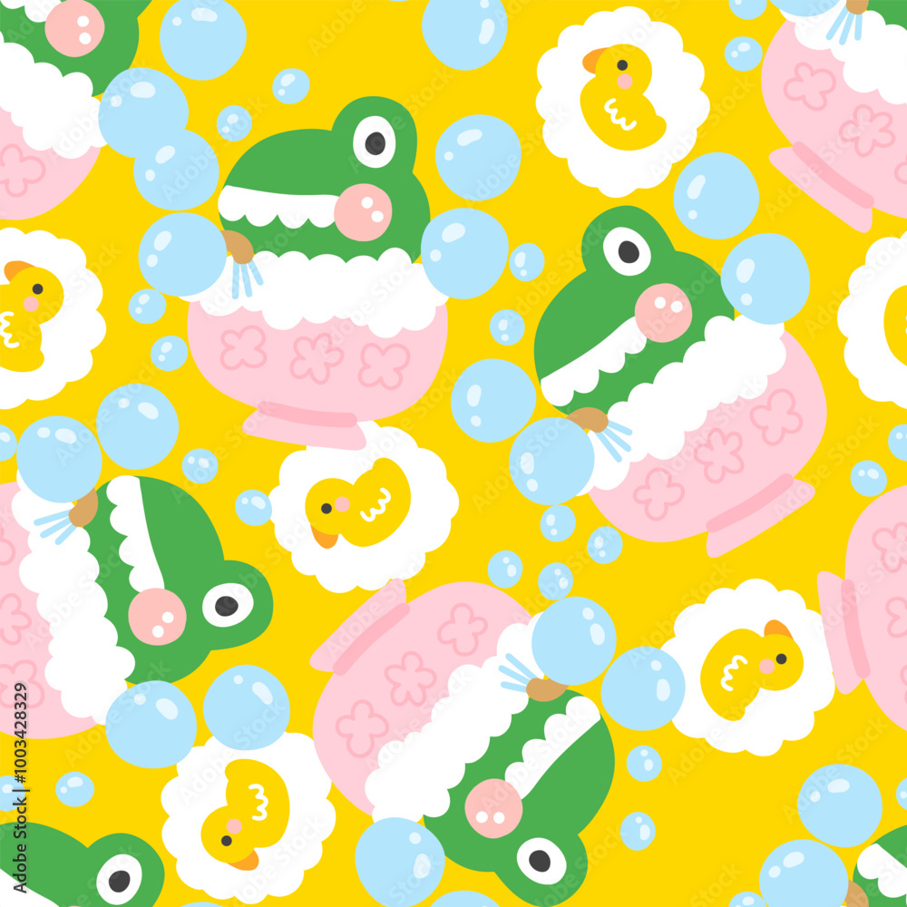 Cute hand drawn crocodile bathing with bubbles and rubber duck on a bright yellow background, kids shower seamless pattern background Cute hand drawn crocodile bathing with bubbles and rubber duck on a bright yellow background, kids shower seamless pattern background