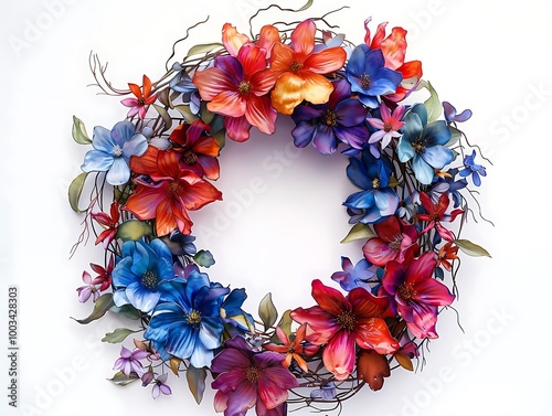 A vibrant floral wreath featuring various colorful flowers arranged artistically.