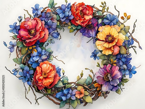 A vibrant floral wreath featuring colorful flowers and greenery, ideal for decoration.