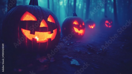 A dark forest path lined with jack-o'-lanterns, their eerie faces glowing as mist rises from the ground in the distance.