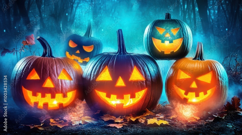 A dark forest path lined with jack-o'-lanterns, their eerie faces glowing as mist rises from the ground in the distance. A dark forest path lined with jack-o'-lanterns, their eerie faces glowing as mist rises from the ground in the distance.