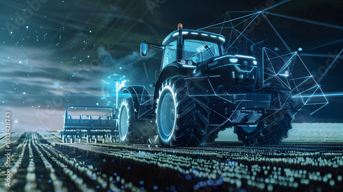 Smart Agricultural Tractors: Create an image of a high-tech agricultural tractor equipped with GPS and automation technology. Highlight its ability to optimize planting and harvesting schedules, demon