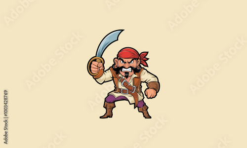 Angry pirate with sword raised, ready for battle