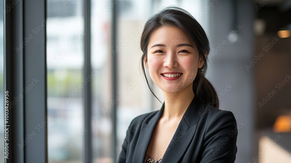 Confident Businesswoman with Bright Smile in Modern Office Confident Businesswoman with Bright Smile in Modern Office