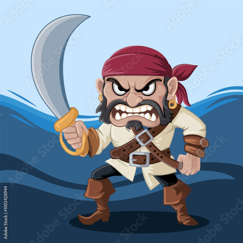 Angry pirate with sword raised, ready for battle