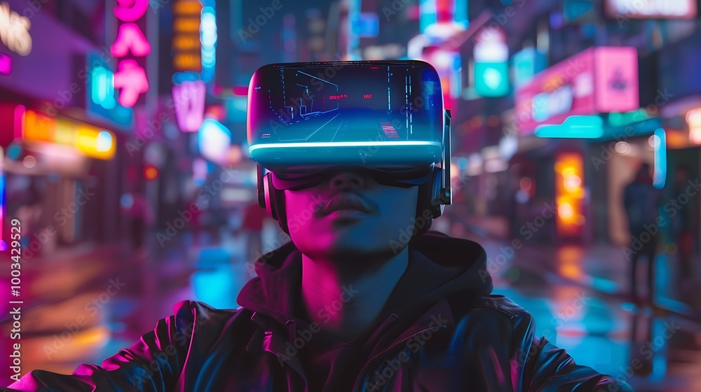 User Wearing VR Headset Reflecting Neon Lights in Minimalist Room User Wearing VR Headset Reflecting Neon Lights in Minimalist Room