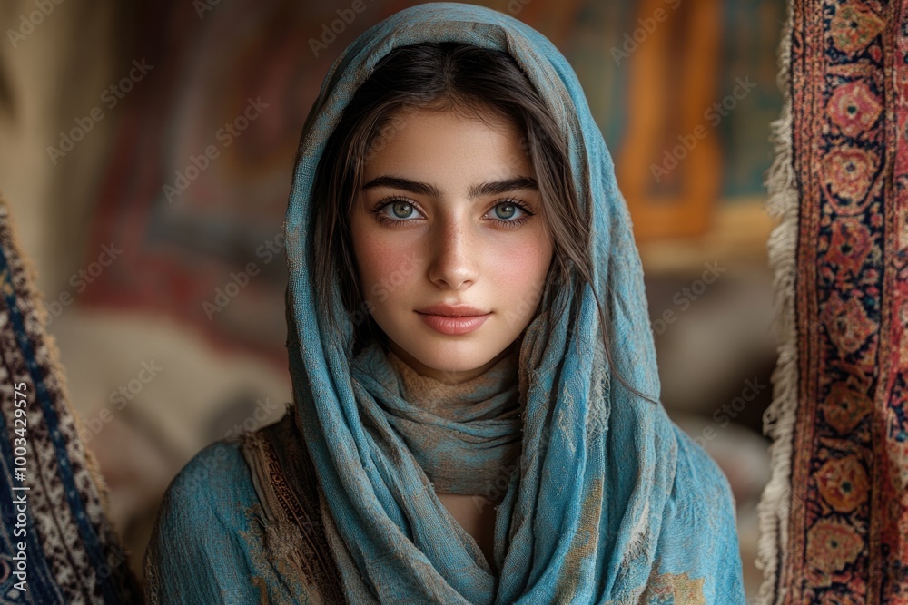 A Young Middle Eastern Woman in a Traditional Room Embracing Cultural Heritage and Beauty A Young Middle Eastern Woman in a Traditional Room Embracing Cultural Heritage and Beauty