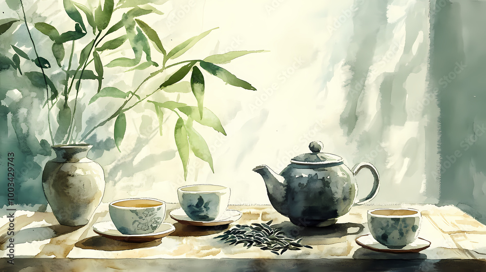 Watercolor painting depicting a traditional japanese tea ceremony set with a teapot, teacups, and tea leaves, evoking tranquility and mindfulness. Japanese Tea Ceremony. Illustration Watercolor painting depicting a traditional japanese tea ceremony set with a teapot, teacups, and tea leaves, evoking tranquility and mindfulness. Japanese Tea Ceremony. Illustration